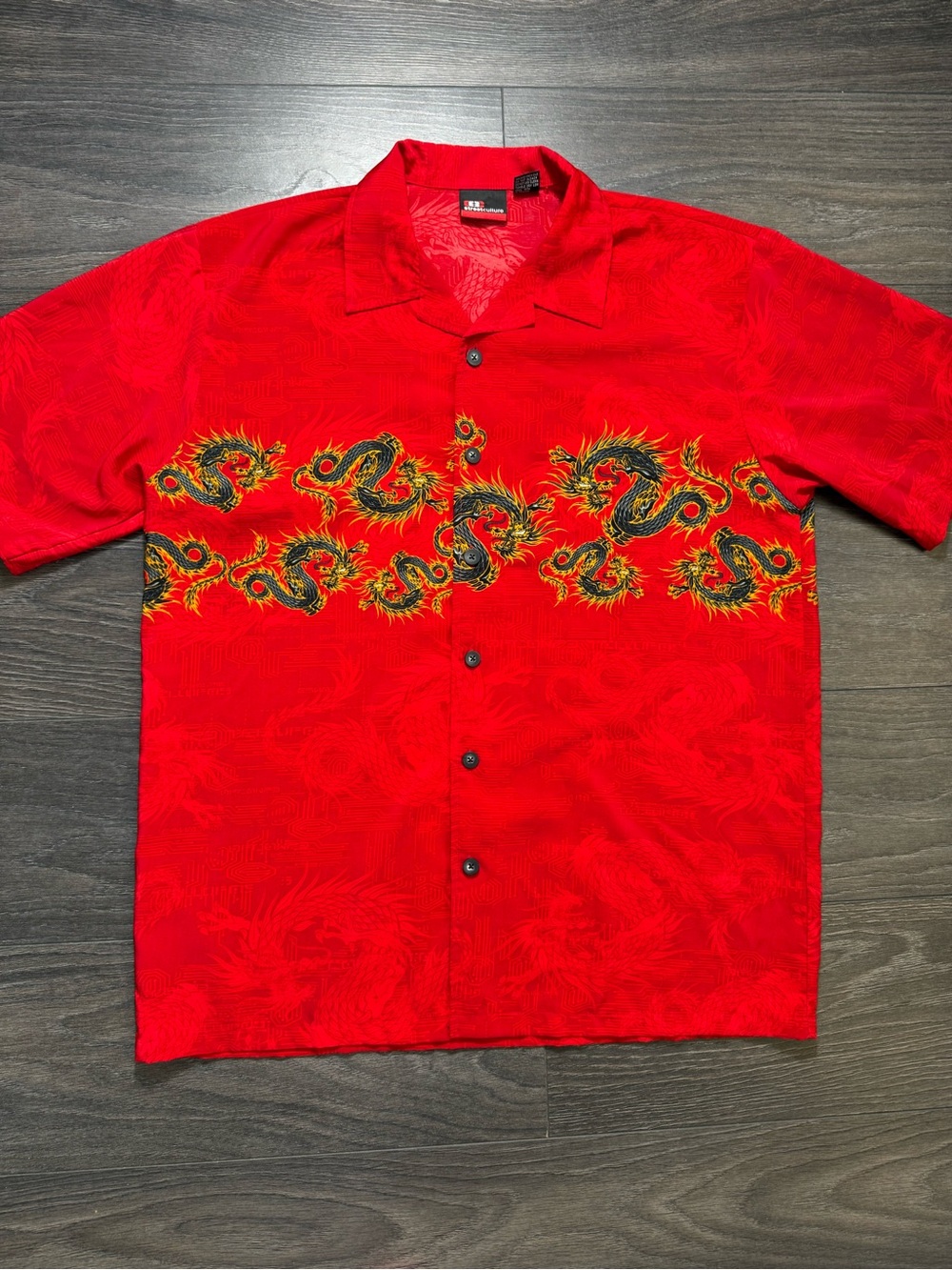 Vintage Street Culture Men's Red Dragon Print Short-Sleeve Button Down